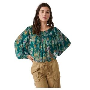 NWT Free People Up For Anything Floral Top in Emerald Combo, Size L